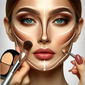 DALL·E 2024-02-29 15.45.59 - Create a highly realistic image illustrating contouring makeup techniques for a round face. The image should showcase a female face with a round shape